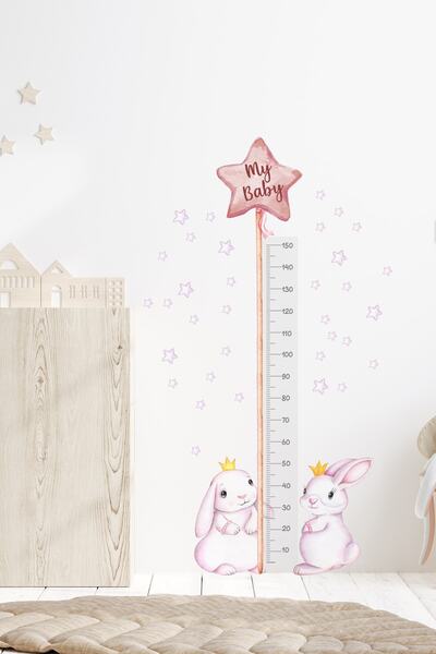 Sim Tasarım - Sm195- Pembe Balonlu Ikili Tavşanlar Boy Ölçer Duvar Sticker