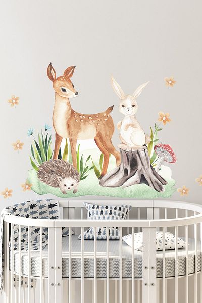 Sim Tasarım Gazelle Rabbit And Hedgehog Brothers In The Forest Wall Sticker Set