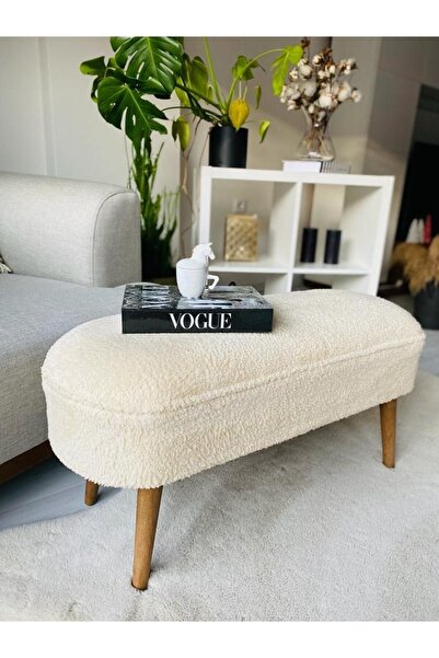 PUFANNA Retro Ceviz Renk Ahşap Ayaklı Geniş Oturum Alanlı Oval Bench Puf Krem...