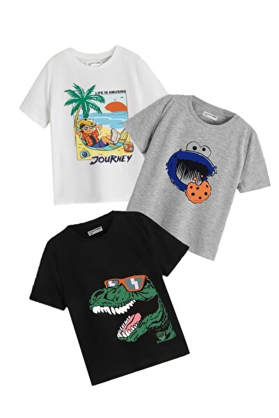 Keywest مجموعة من 3 تي شيرتات كبيرة الحجم للأطفال بطبعة رحلة الشاطئ والديناصو...