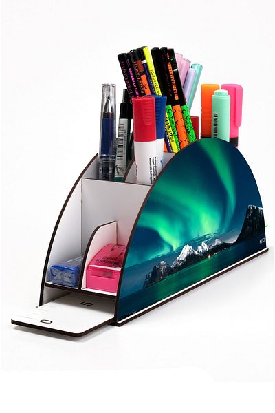 kutuTR Wooden Vip Galaxy Model Rainbow Ruled Desktop Pen Holder Organizer Assembled Boxed