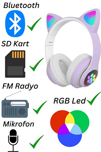 Genel Markalar A+ Bass Kedili Kulaklık Bt Fm Radyo Sd Kart Aux Giriş Rgb Işıklı Kedili Kablosuz Kulaklık