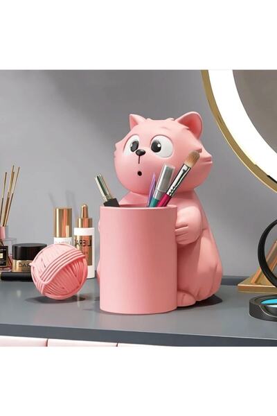 Genel Markalar Pembe Sevimli Şaşkın Kedicik Dekoratif Masa Üstü Kalemlik, Mak...