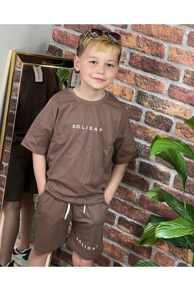 Machetta Brown Soliday Printed Oversize T-shirt Shorts Kids Set