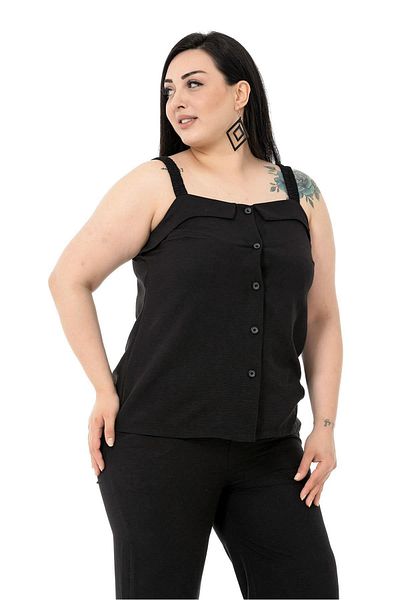 DISENTIS MODEST Large Size Button Detailed Blouse Trousers Aerobin Black Set