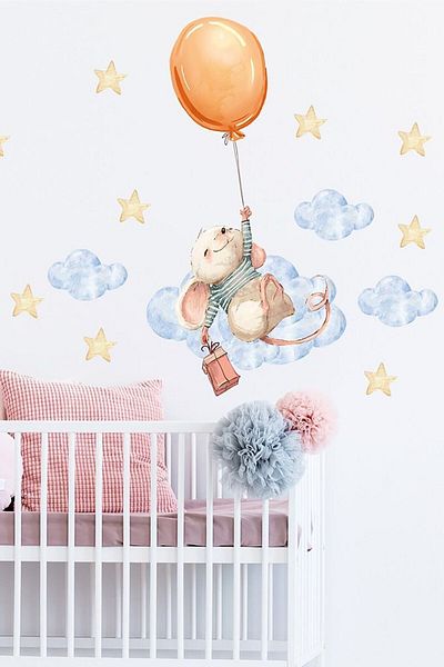 Sim Tasarım Orange Cute Mouse And Balloon Wall Sticker Set
