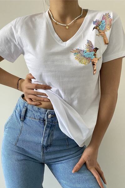 FEMELLE Dámské bílé triko ze 100% bavlny s výstřihem do V na rameni Flitr s flitry