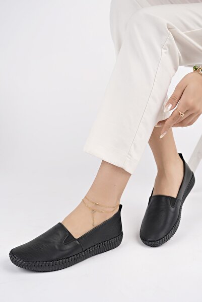 Deripabuc Hakiki Deri Siyah Kadın Deri Babet Dp62-8002