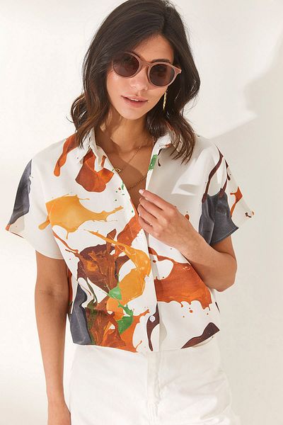 Olalook Women's Water Color Brown Bat Linen Blended Shirt GML-19001121
