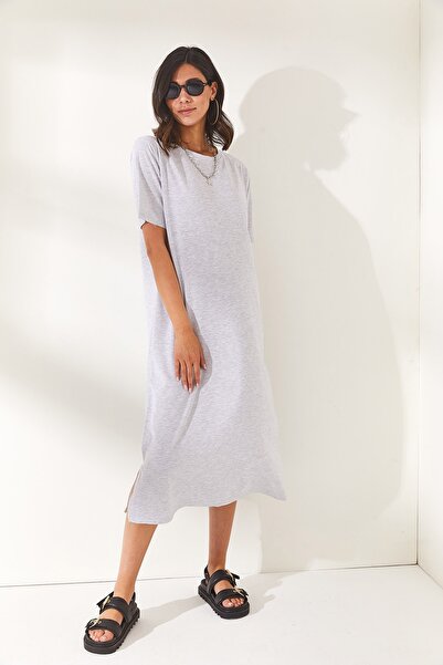 Olalook Kadın Gri Yanı Yırtmaçlı Oversize Pamuk Elbise ELB-19001880