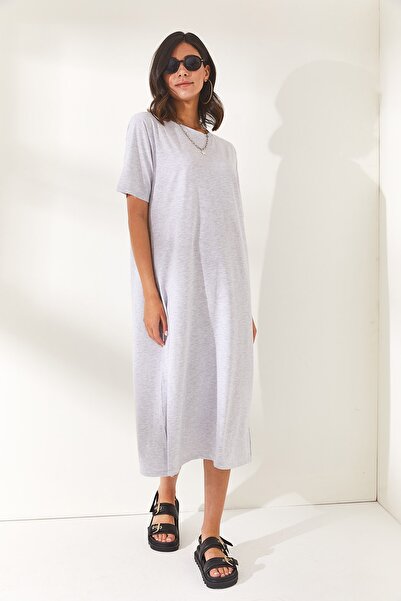 Olalook Kadın Gri Yanı Yırtmaçlı Oversize Pamuk Elbise ELB-19001880