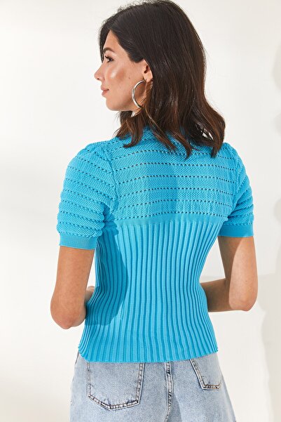 Olalook Bluză de damă, albastru deschis, tricot cu nervuri, BLZ-19002270