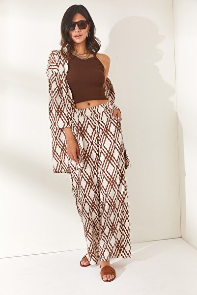 Olalook Dámské hořké hnědé kalhoty s elastickým pasem, tkané viskózové kalhoty PNT-19000232