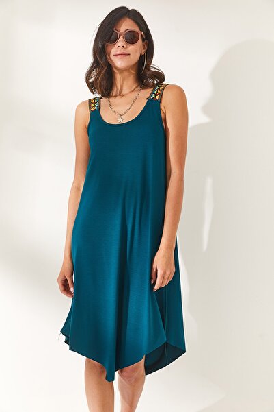 Olalook Γυναικείο βενζινοκίνητο πράσινο έθνικ λουριά ασύμμετρο φόρεμα ELB-19000612