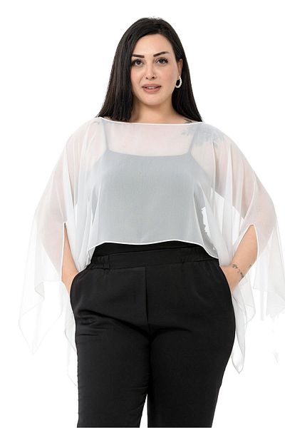 DISENTIS MODEST Plus Size Asymmetric Cut Chiffon White Cloak Bolero