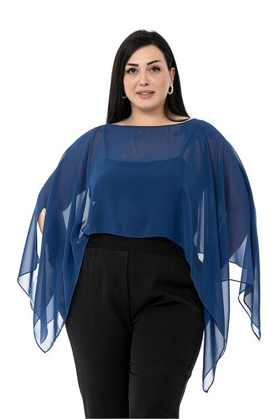 DISENTIS MODEST Plus Size Asymmetric Cut Chiffon Navy Blue Cloak Bolero