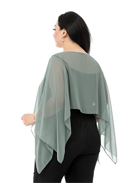 DISENTIS MODEST Plus Size Asymmetric Cut Chiffon Water Green Cloak Bolero