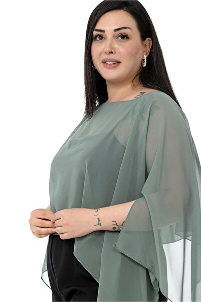 DISENTIS MODEST Plus Size Asymmetric Cut Chiffon Water Green Cloak Bolero