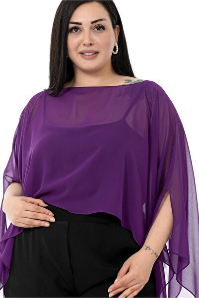 DISENTIS MODEST Plus Size Asymmetric Cut Chiffon Purple Cloak Bolero