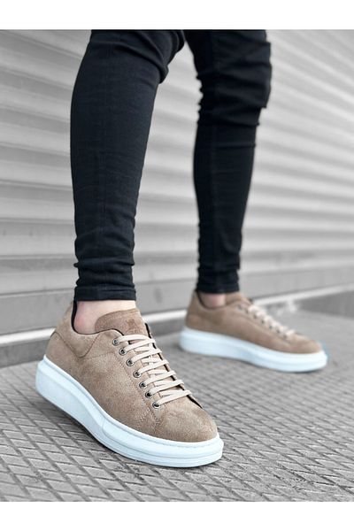 BOUIS Ανδρικό καστόρι μπεζ λευκό αθλητικό casual παπούτσι με ψηλή χοντρή σόλα με κορδόνια