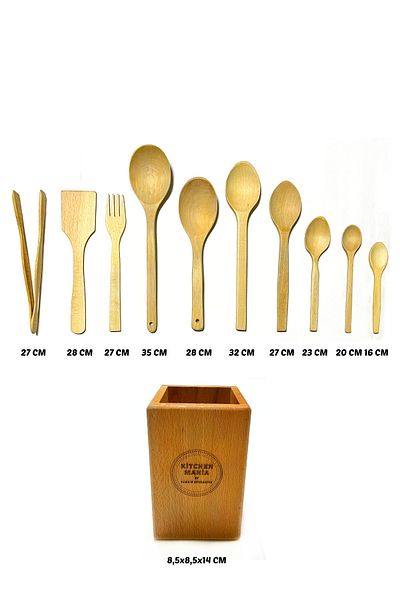 Kitchen Mania 11 Pieces Oiled Beech Wooden Spoon Wooden Spatula Serving Ladle Wooden Fork Tongs Set - with Wooden Stand
