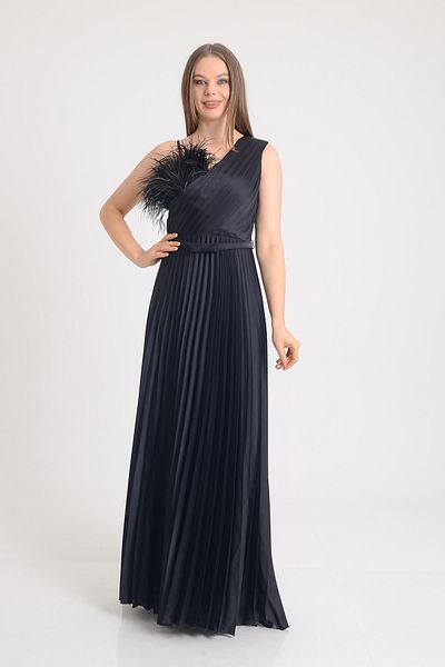 SpringStore Rochie de seara plisata cu pene negre