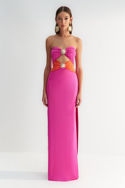 Trendyol Collection X Zeynep Tosun narancs-fukszia naptartozék részletes ékszeres ruha TCLSS23AE00008