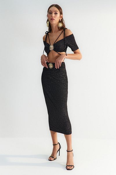 Trendyol Collection X Zeynep Tosun Černá stříbřitá pletená sukně s detailem příslušenství Sun TCLSS23ET00009