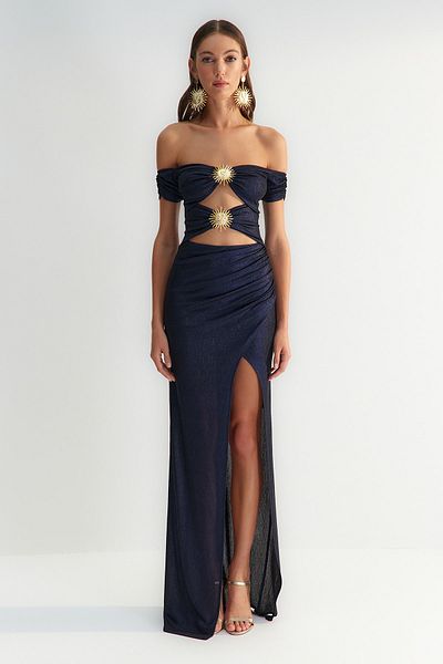 Trendyol Collection X Zeynep Tosun sötétkék nap kiegészítő részletes estélyi és ballagási ruha TCLSS23AE00002