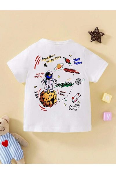 Keywest Tricou pentru copii, unisex, alb, cu imprimeu The Galaxy Planet, cu gât supradimensionat