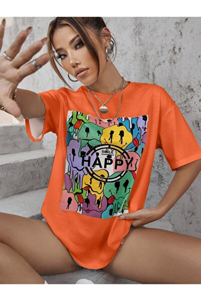 Keywest Šareni srećni emodži Štampano Oversize kroj Pamuk T-shirt