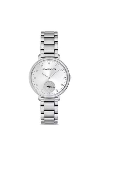 Romanson Rm9A14Llwwas2W Women's Silver Color Stone Wristwatch with Steel Cord Bottom Seconds