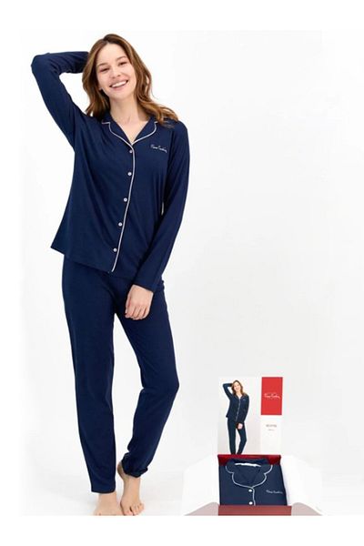Pierre Cardin Set de pijamale cu mânecă lungă, cu nasturi, din bumbac, albastru bleumarin