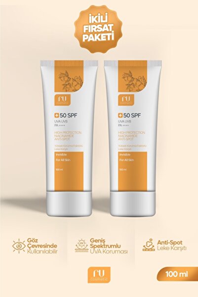 ru cosmetic Güneş Kremi Seti Spf+50 Faktör Koruma Leke Karşıtı Nemlendirici Görünmez Form(100ml*2)