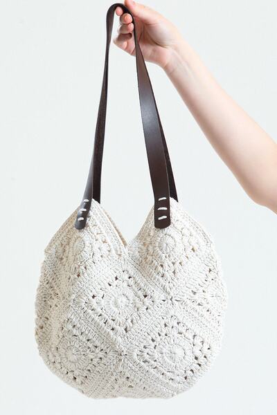Masal Örgü Evi Ecru Women's Shoulder Bag Midi Size Handmade Granny