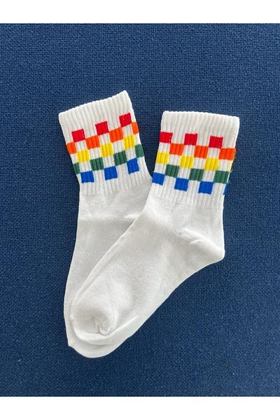 Touz Rainbow Eyl Checkers Unisex White College Socks