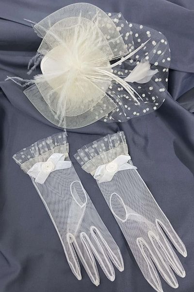 Hayalperest boncuk White Bridal Gloves with Ribbon Detail and Bridal Cap Vualet