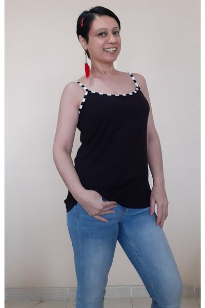 Mertcan Butik Black Combed Cotton Viscose T-Shirt with Black and White Piping Detail