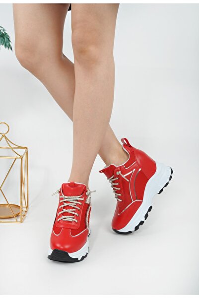 Genel Markalar Kadın Gizli Dolgu Topuklu Taşlı Spor Ayakkabı Simli Bağcıklı