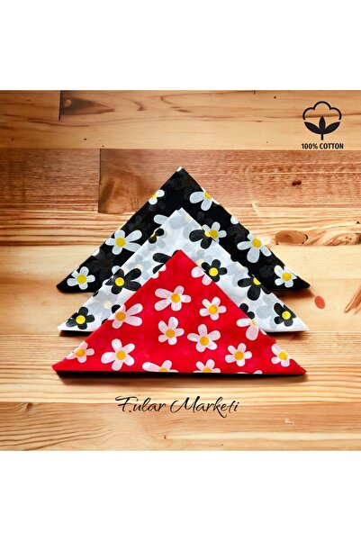 Fular Marketi 100% βαμβάκι 3 τεμάχια με σχέδιο μαργαρίτας Μαύρο Λευκό Κόκκινο