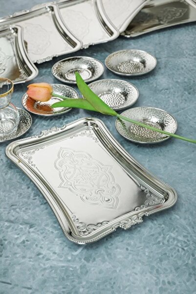 BİTERSE 6 Adet Gümüş Renk Dekoratif Metal Sunum Tepisisi tek Kişilik Sunum Tepsisi 25 X 17 Cm