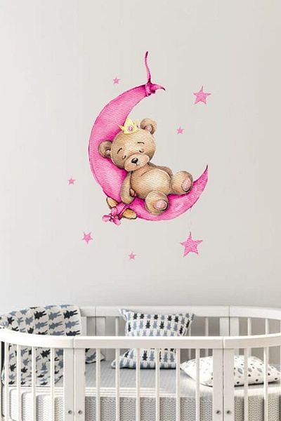 Sim Tasarım Sm363 Pink Crowned Sleepy Bear Girl's Room Wall Sticker Set