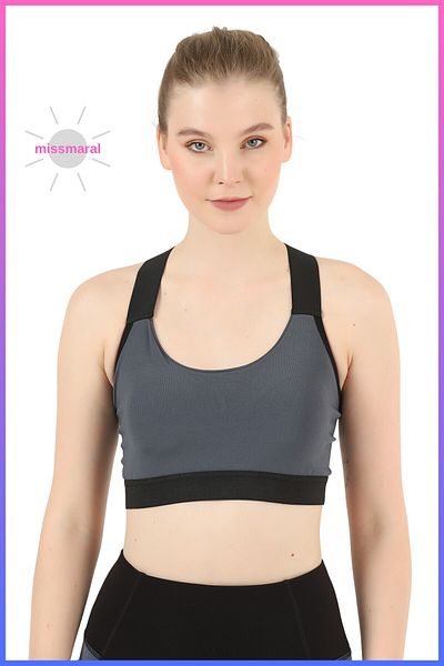 missmaral Women's Anthracite Sports Bra Bra Light Support Pad Cross Strap Detailed Lined Stretch Fabric 5011