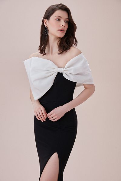 Oleg Cassini Strapless Black Crepe Dress - Bow and Slit Detail