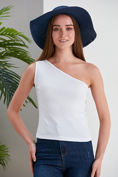 CATSPY Beyaz Crop Tek Omuz Detaylı Kaşkorse Bluz