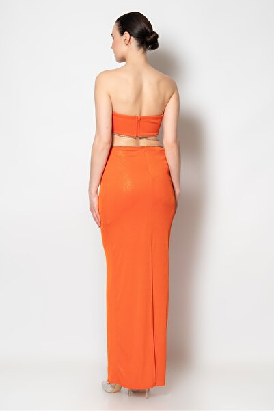 RENGIN Beli Çapraz Şerit Aksesuarlı Örme Saten Straplez Elbise