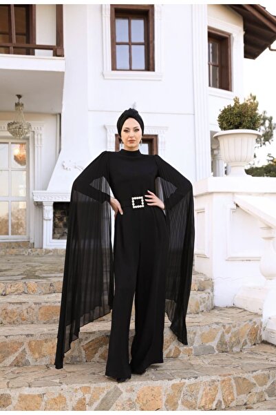 panaline Siyah Pelerin Tulum Taşlı