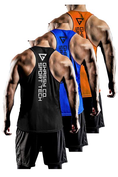 GHASSY CO. مجموعة من 3 قطع من ملابس رياضية للرجال ذات مقاس Y-back Gym واللياقة البدنية Gym-101