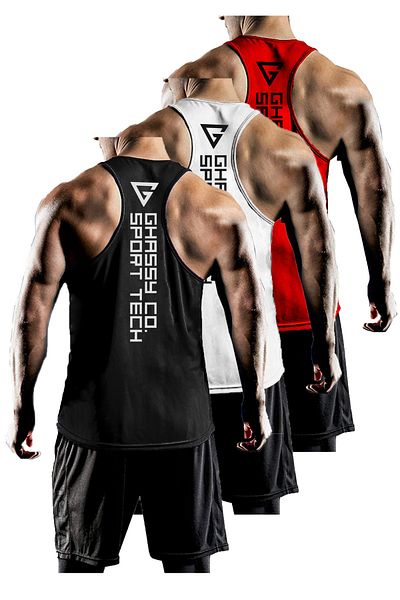 GHASSY CO. مجموعة من 3 قطع من ملابس رياضية للرجال ذات مقاس Y-back Gym واللياقة البدنية Gym-101