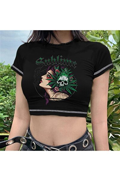 Touz Sublime Girl Printed - Μαύρο Crop Top, Reverse Stitch